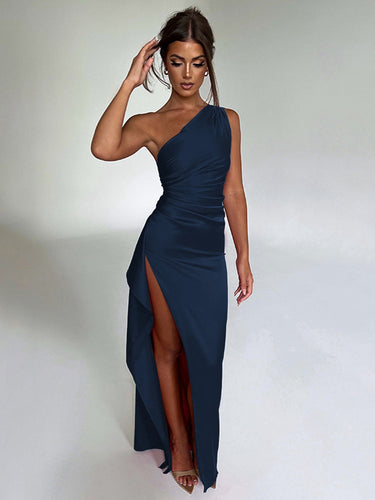 Damen Elegantes Ein-Schulter Maxikleid mit hohem Schlitz und figurformendem Design Heidi-Mode