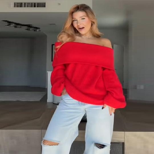 Damen Oversized Strickkleid mit schulterfreier Form und langen Ärmeln Heidi-Mode
