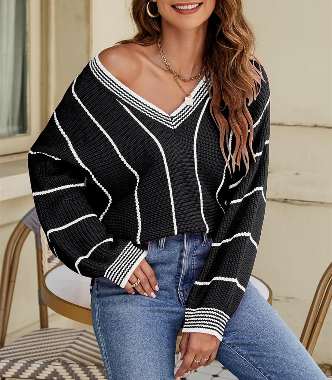 Damen lässiger V-Ausschnitt Pullover mit Streifenmuster Heidi-Mode