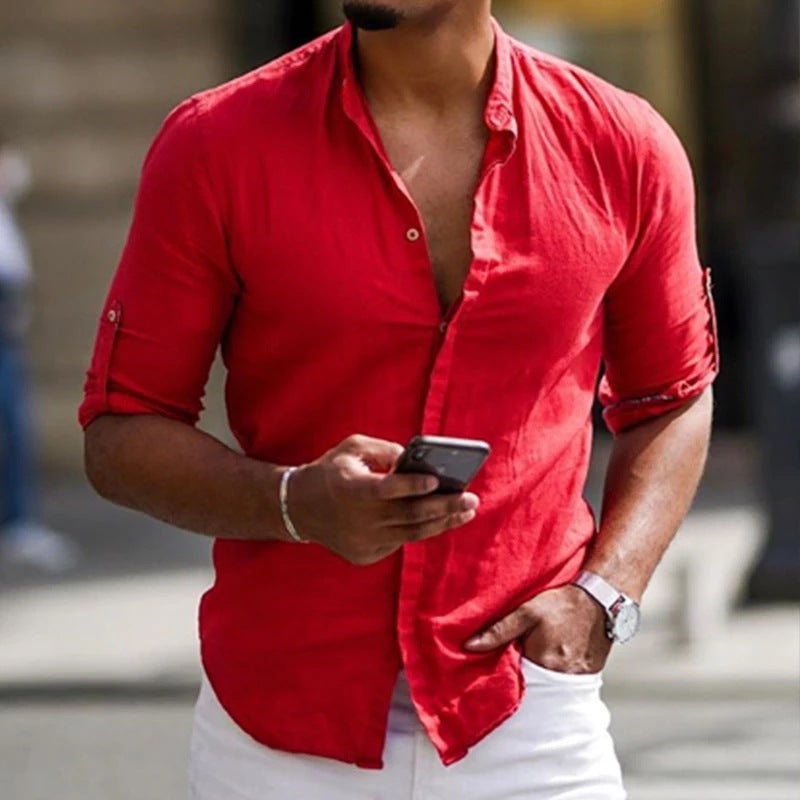 Herren Leinenhemd mit modernem Stehkragen und lässiger Knopfleiste Heidi-Mode