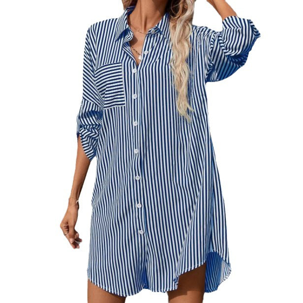 Damen Hemdblusenkleid im lässigen Stil mit Streifenmuster Heidi-Mode