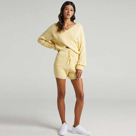 Damen gestricktes Lounge-Set mit V-Ausschnitt und elastischem Taillenzug Heidi-Mode