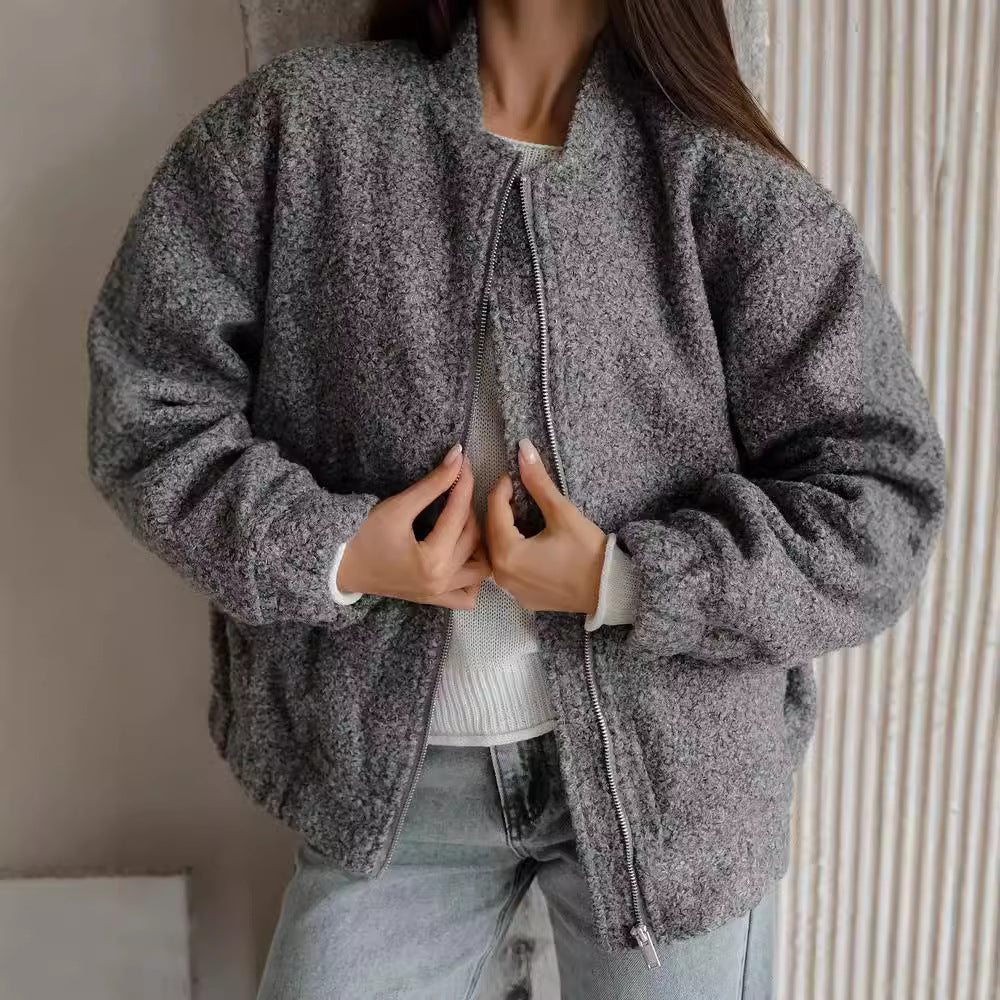 Damen Modische Bomberjacke aus weichem Wollmix mit Extragroßen Ärmeln Heidi-Mode
