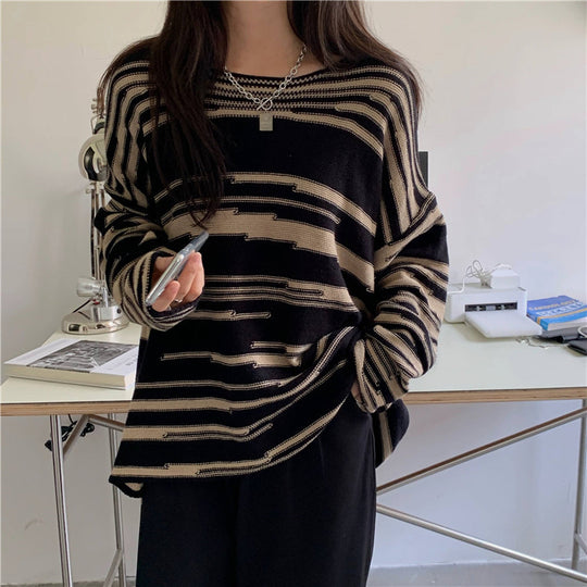 Damen Strickpullover mit elegantem Streifenmuster und lässigem Schnitt Heidi-Mode