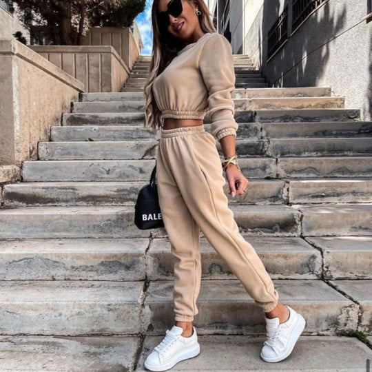 Damen lässiges Cropped Set mit elastischem Taillenzug und weiten Hosen Heidi-Mode