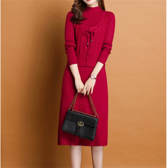 Damen elegantes Strickkleid mit hochgeschlossenem Kragen und dekorativem Zopfdesign Heidi-Mode