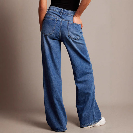 Damen Weit geschnittene High-Waist Jeans mit eleganten Falten Heidi-Mode