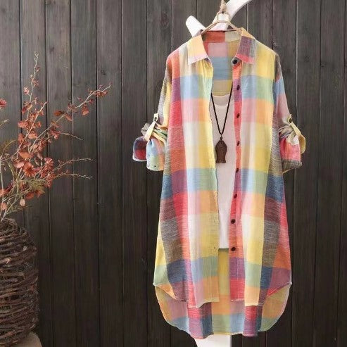 Damen Karo-Hemdbluse im lässigen Oversized-Schnitt mit langen Ärmeln und umschlagbaren Ärmeln Heidi-Mode