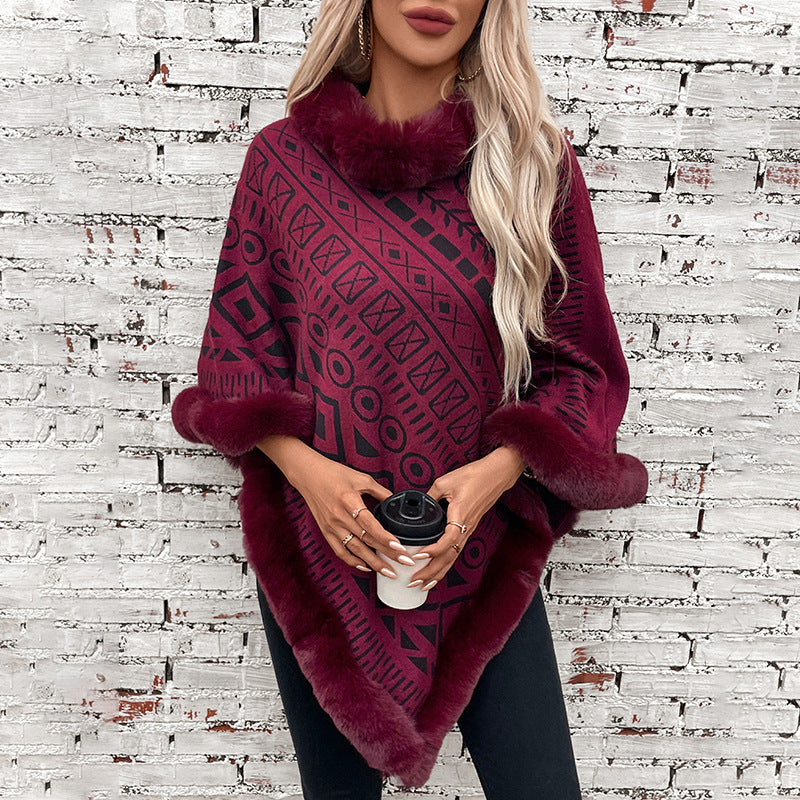 Damen modischer Poncho mit dekorativem Kunstfellkragen Heidi-Mode