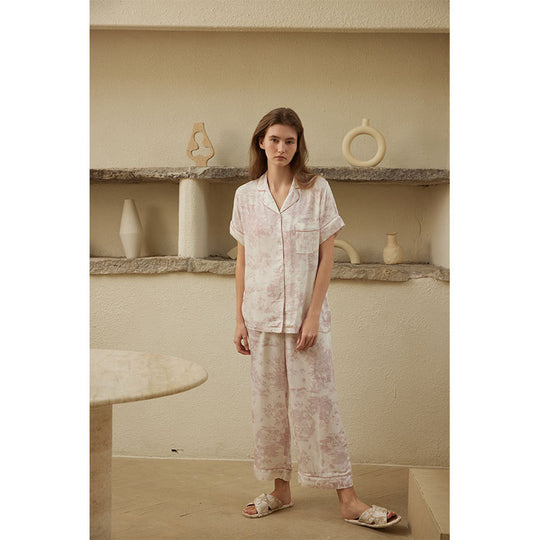 Damen Satin Schlafanzug mit elegantem Druck Heidi-Mode