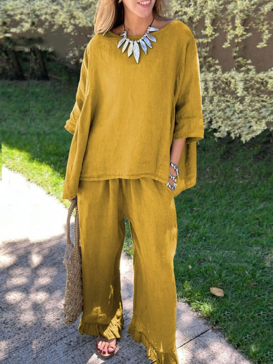 Damen lässiges Leinen-Outfit mit weitem Schnitt und angeschnittenen Ärmeln Heidi-Mode