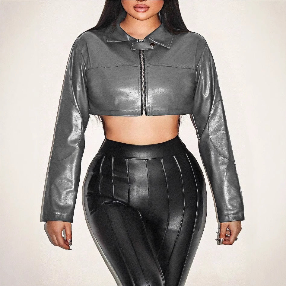 Damen cropped Kunstlederjacke mit innovativem Reißverschluss Heidi-Mode
