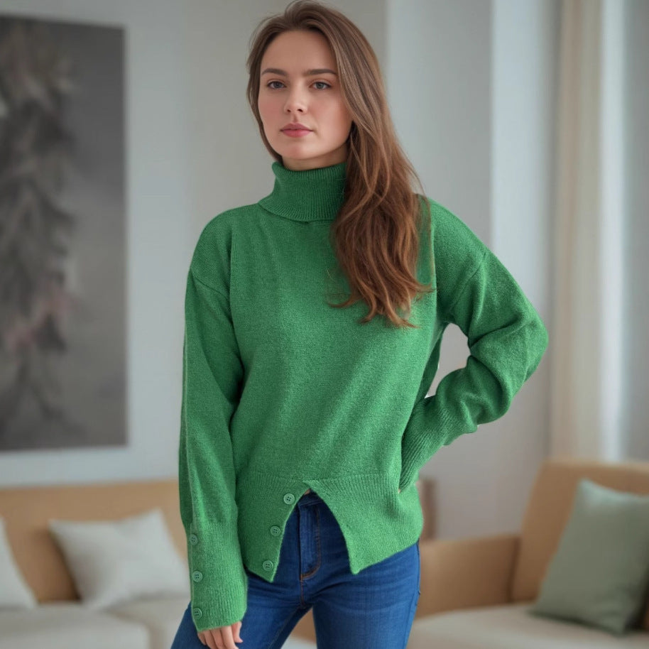 Damen modischer Rollkragenpullover mit Knopfdetails und asymmetrischem Saum Heidi-Mode