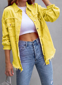 Damen Stylische Overshirt-Jacke mit fransigem Saum Heidi-Mode