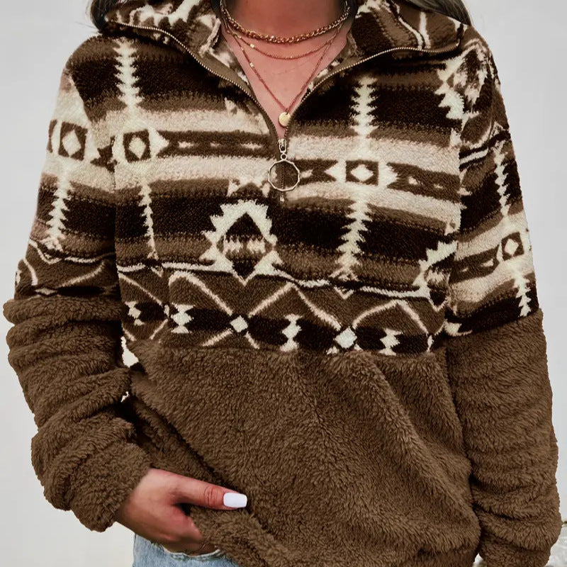 Damen Fleece-Pullover mit modernem Aztekenmuster und Stehkragen Heidi-Mode