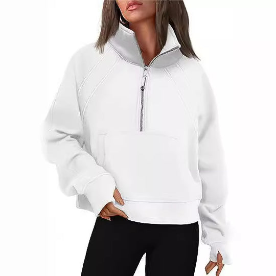Damen kuscheliger Half-Zip Pullover mit Kapuze und Kängurutasche Heidi-Mode
