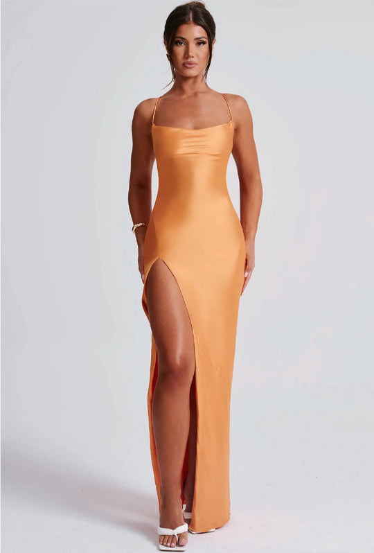 Damen Elegantes Maxikleid mit schmalen Spaghettiträgern und seitlichem Schlitz Heidi-Mode