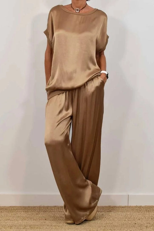 Damen Elegantes Satin Lounge-Set mit weitem Schnitt und lässigem Oberteil Heidi-Mode