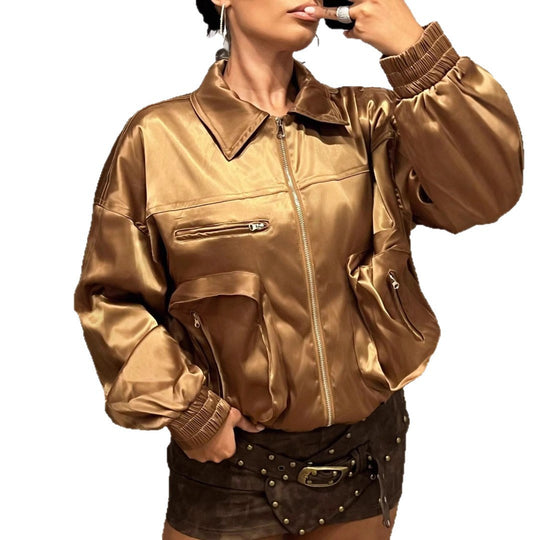 Damen Bomberjacke im glänzenden Satin-Look mit seitlichen Reißverschlusstaschen Heidi-Mode