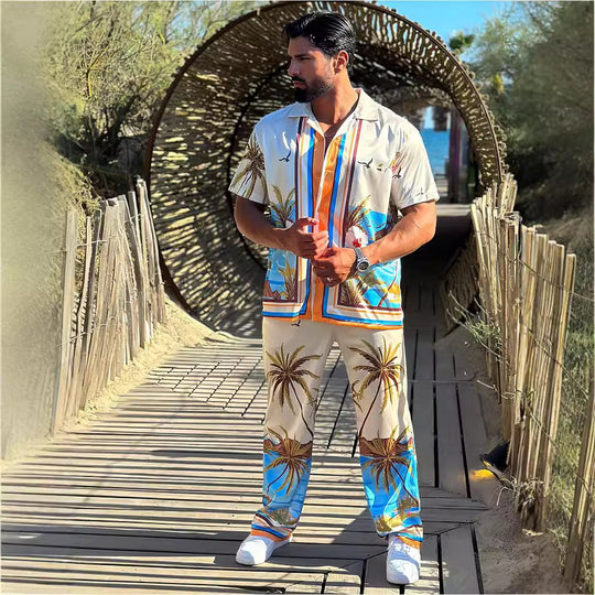 Herren Strandhemd und Hose im tropischen Palmen-Design mit kurzärmligem Schnitt Heidi-Mode