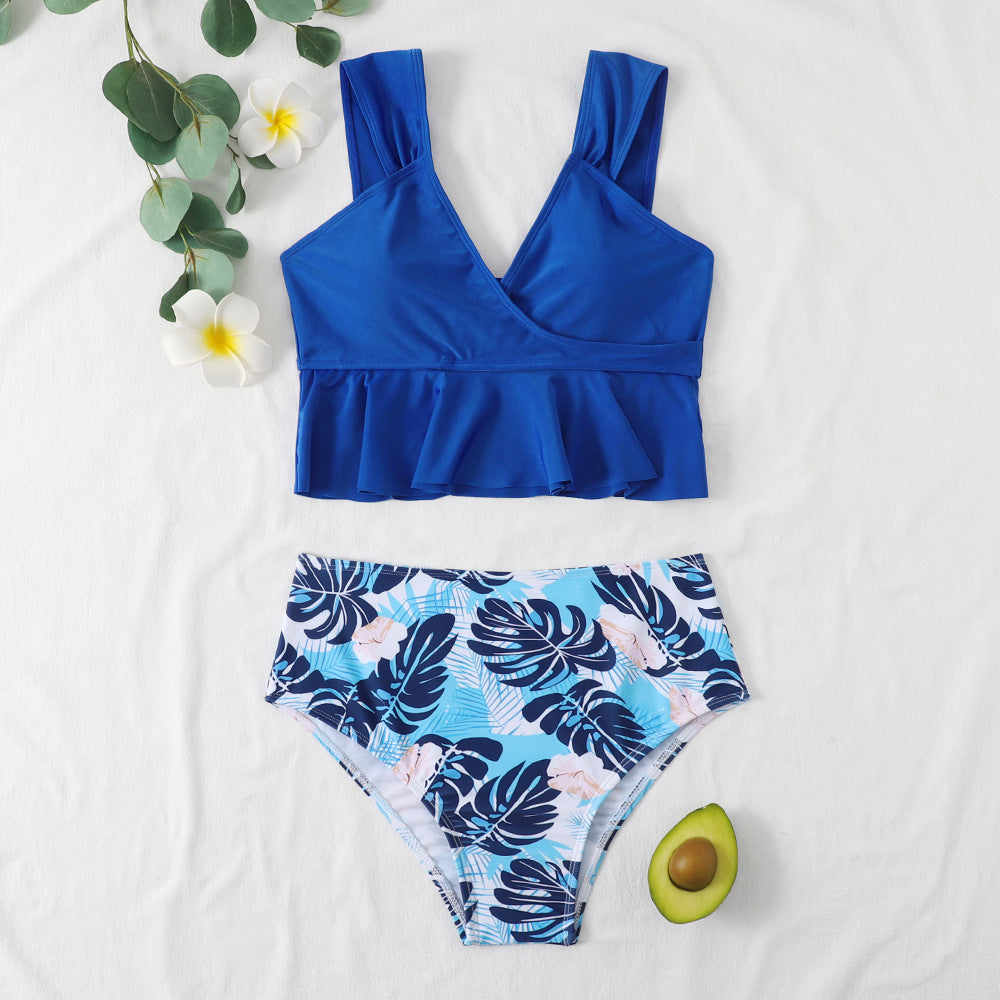 Damen Bademoden Set mit Rüschen und buntem Blatt-Muster Heidi-Mode