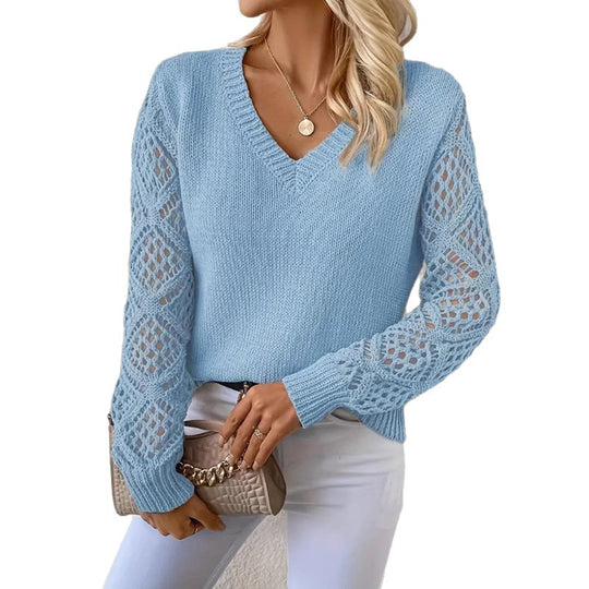 Damen Strickpullover mit raffinierten Häkelärmeln und V-Ausschnitt Heidi-Mode
