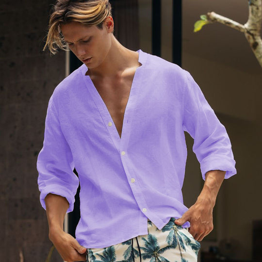 Herren lässige Leinenbluse mit durchgehendem Knopfverschluss Heidi-Mode