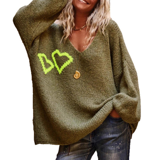 Damen lässiger Oversized-Pullover mit Herzapplikationen Heidi-Mode