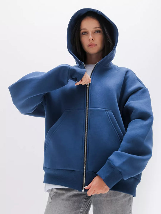 Damen lässiger Kapuzensweat mit übergroßem Schnitt und praktischem Reißverschluss Heidi-Mode