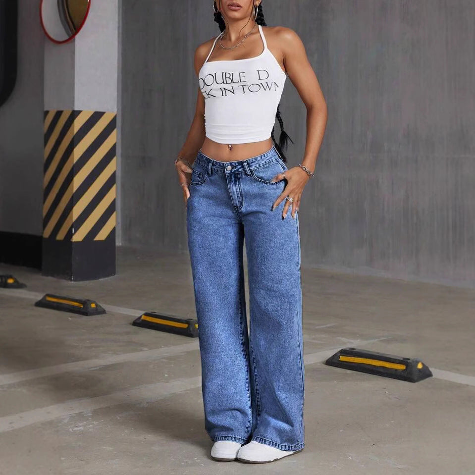 Damen Weit geschnittene Jeans mit kräftigen Kontrastnähten und verspielt gestickten Taschen Heidi-Mode