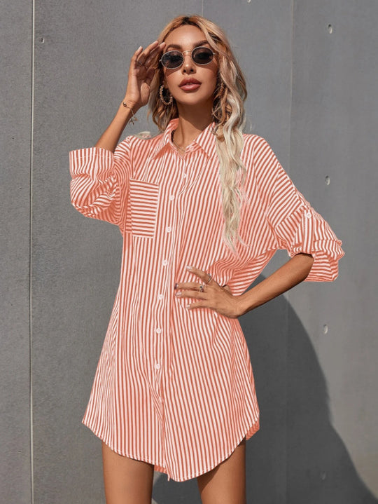 Damen Hemdblusenkleid im lässigen Stil mit Streifenmuster Heidi-Mode