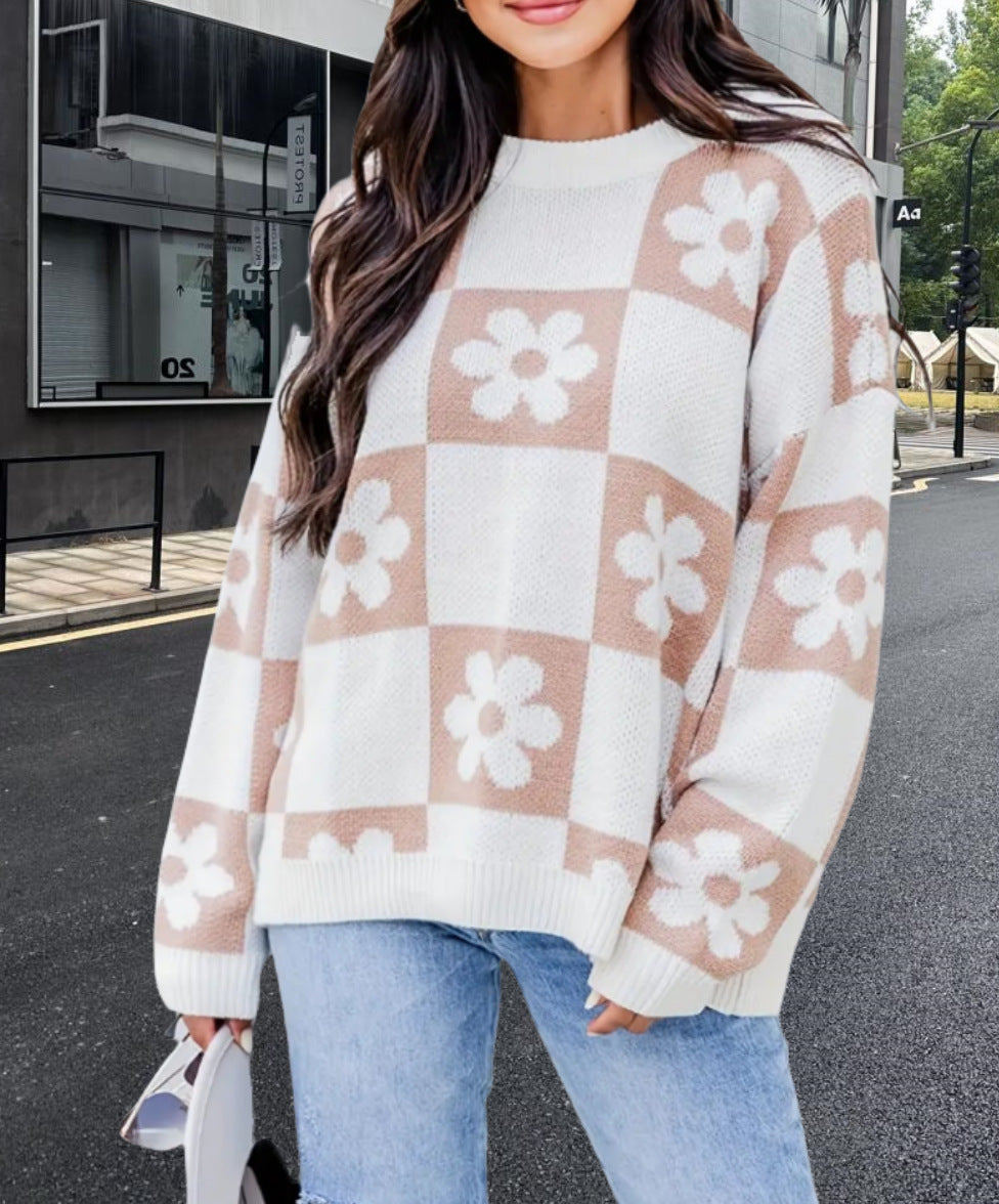 Damen Oversized Strickpullover mit floralem Muster und lässigem Schnitt Heidi-Mode