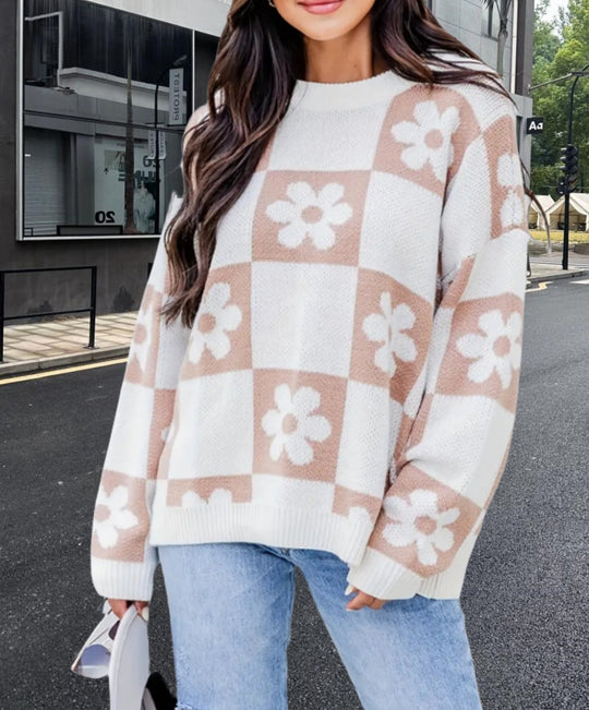 Damen Oversized Strickpullover mit floralem Muster und lässigem Schnitt Heidi-Mode