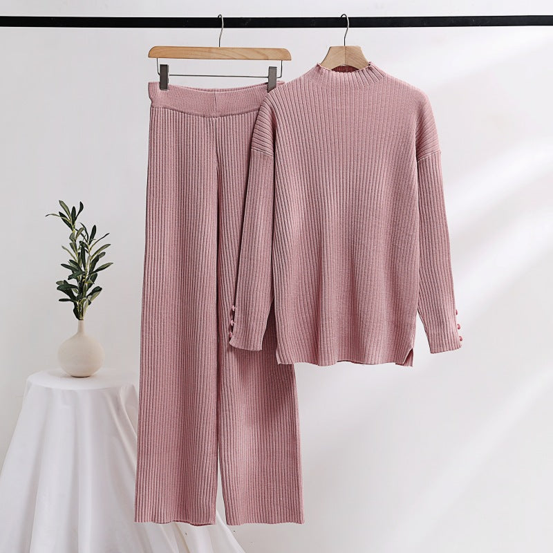 Damen lässiger Strickanzug mit Stehkragen und Knopfdetails Heidi-Mode