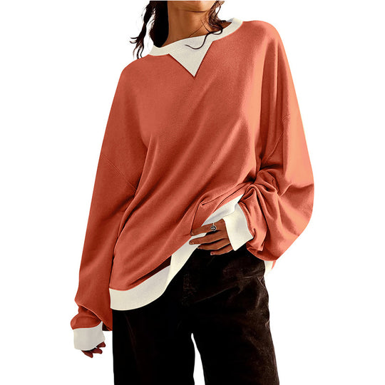 Damen lässiges Sweatshirt mit V-Ausschnitt und Kontrastbündchen Heidi-Mode