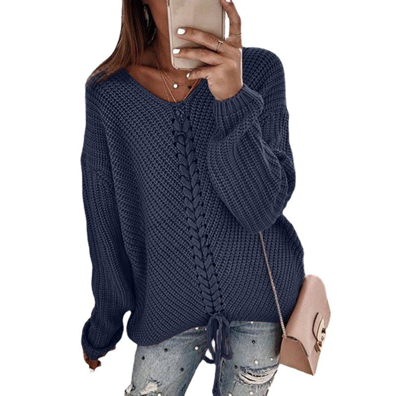 Damen lässiger Strickpullover mit modischem Schnürdetail Heidi-Mode