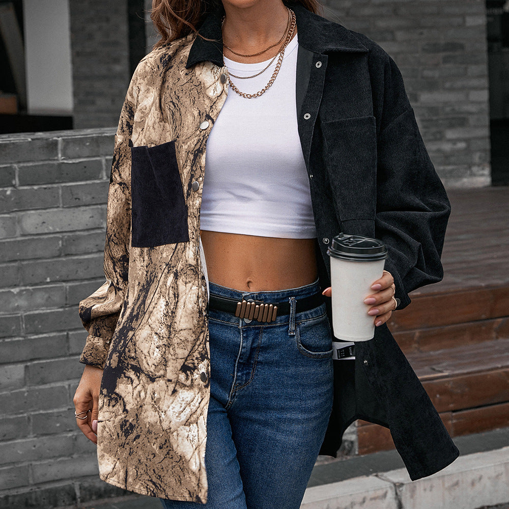 Damen Modische Jacke im Patchwork-Stil mit Druckknopfverschluss und Baumwollmaterial Heidi-Mode