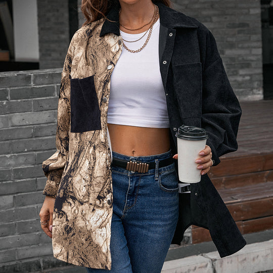 Damen Modische Jacke im Patchwork-Stil mit Druckknopfverschluss und Baumwollmaterial Heidi-Mode