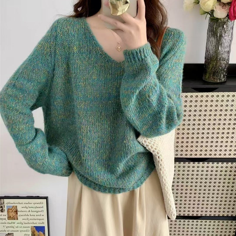 Damen leichter Strickpullover mit V-Ausschnitt und voluminösen Ärmeln Heidi-Mode
