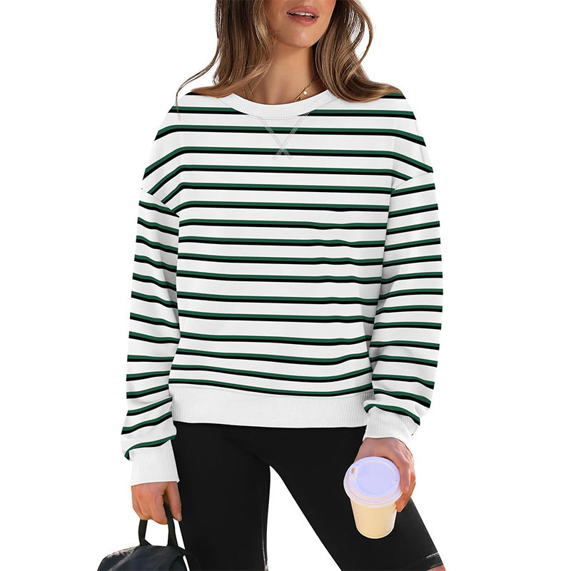Damen lässiger Sweatshirt mit modernem Streifenmuster und Rundhalsausschnitt Heidi-Mode