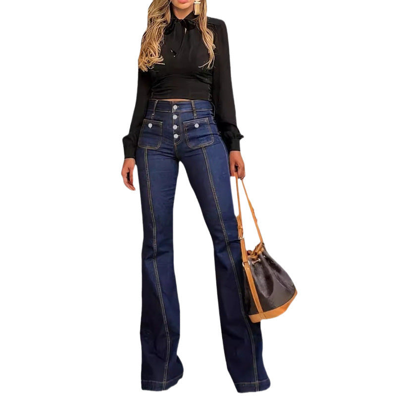 Damen Hochtaillierte Bootcut-Jeans mit dekorativen Knopfdetails Heidi-Mode