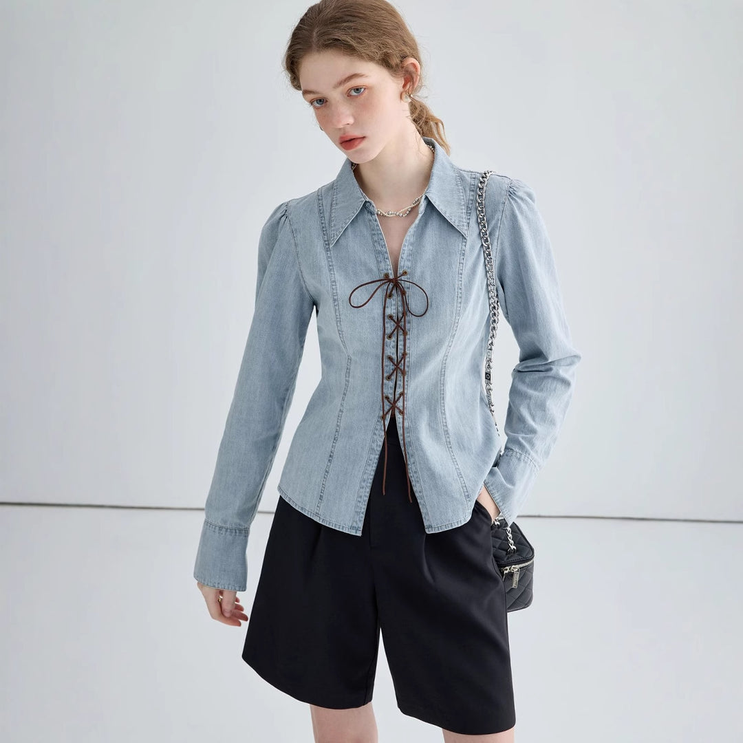 Damen Jeansbluse mit Schnürung und asymmetrischem Schnitt Heidi-Mode