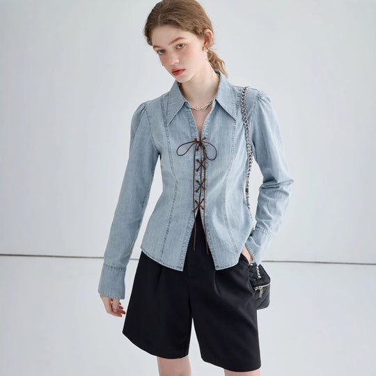 Damen Jeansbluse mit Schnürung und asymmetrischem Schnitt Heidi-Mode