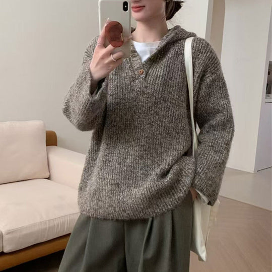 Damen bequemer Strickpullover mit Knopfleiste und Kapuze Heidi-Mode