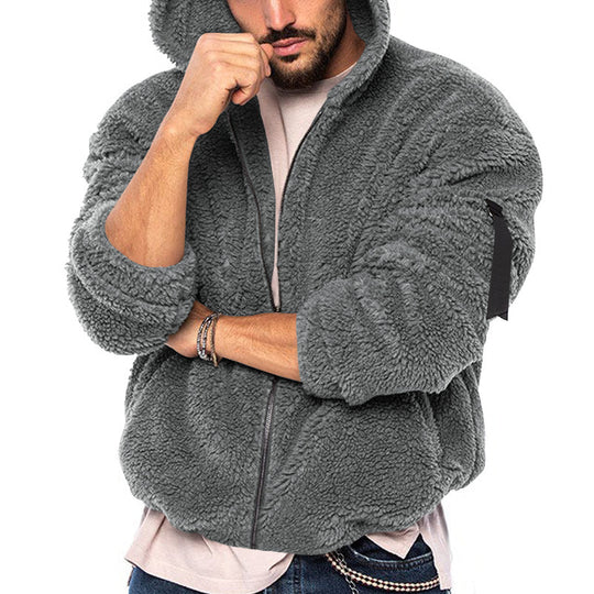 Herren flauschige Fleecejacke mit angeschnittener Kapuze und tiefen Taschen Heidi-Mode