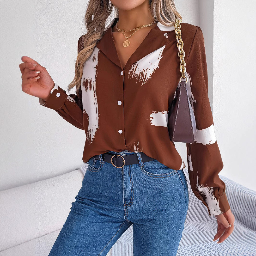 Heidi-Mode | Temperament Farbblockierte Gestreifte Anzugkragen Langarmshirt