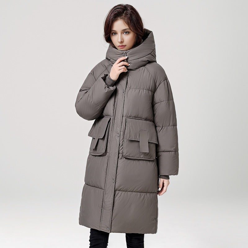 Damen gesteppter Langmantel mit wärmender Kapuze und praktischen Taschen Heidi-Mode