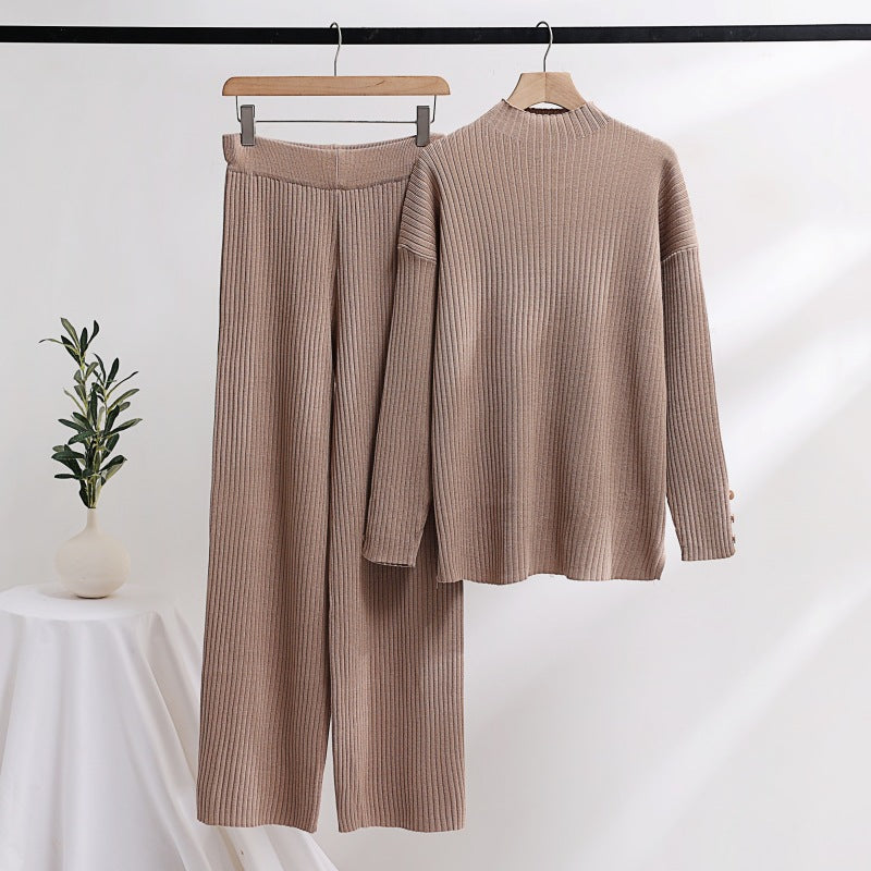 Damen lässiger Strickanzug mit Stehkragen und Knopfdetails Heidi-Mode