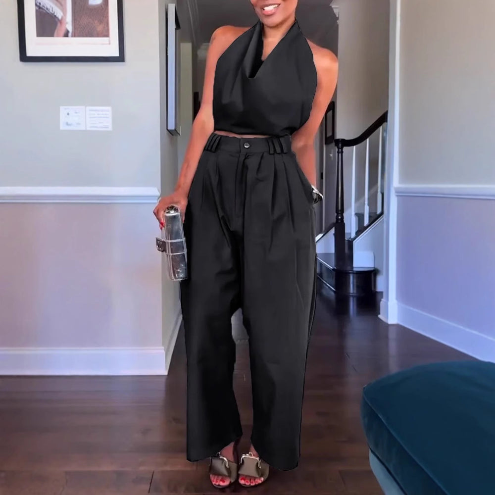 Damen Halterneck Satin Overall mit taillierten Hosen Heidi-Mode