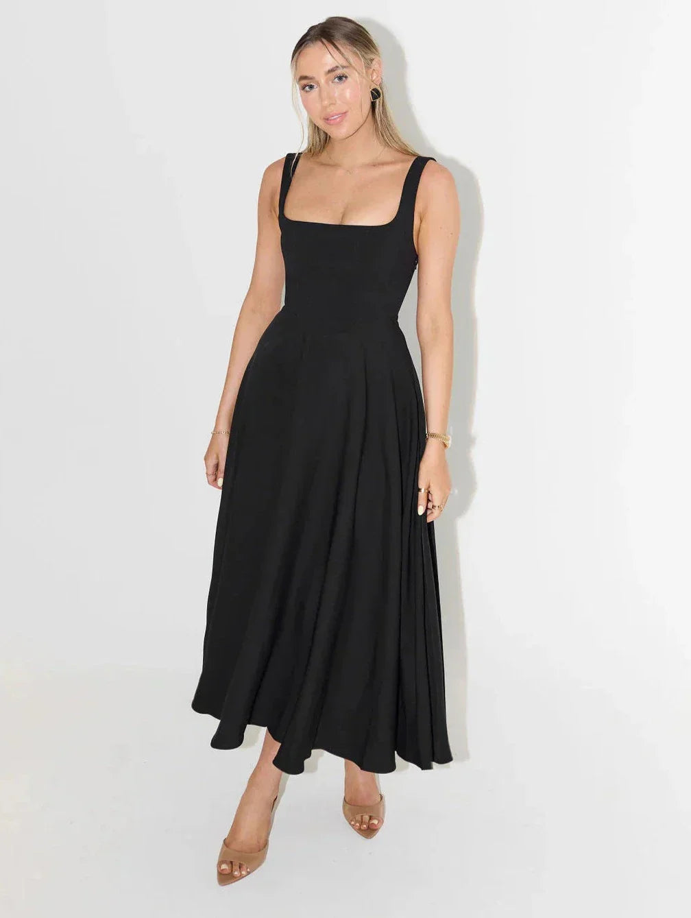 Midi-Kleid mit Hoher Taille und Quadrat-Ausschnitt